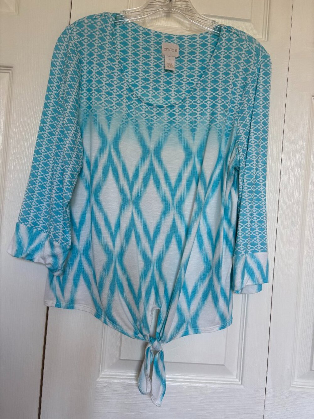 Chico's Light Blue/Turquoise & White Geometric Ikat Tie-Front Top - Size 1 (M)